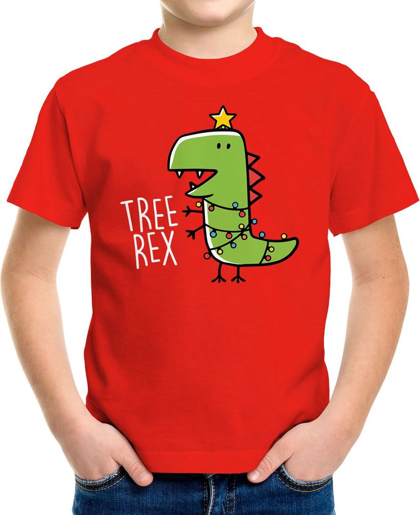 Kinder T-Shirt Dinosaurier Tree Rex Christmas Tyrannosaurus XMAS Outfit Jungen Mädchen Weihnachten Moonworks