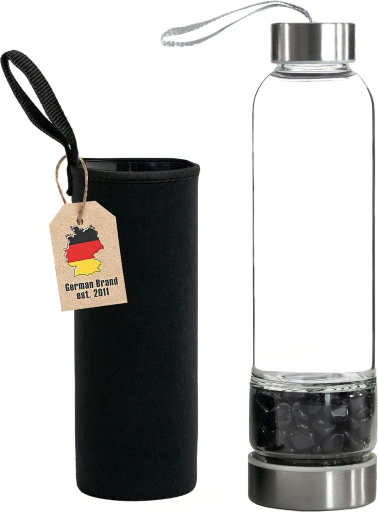 Intirilife Trinkflasche Wasserflasche mit Heilsteinen und schwarzer Tasche - Schwarzer Obsidian - 400 ml Füllmenge - Flasche mit Edelsteinen Miner...