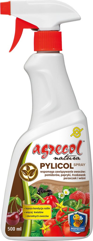 A bottle of plant spray with images of fruits and vegetables on the label.