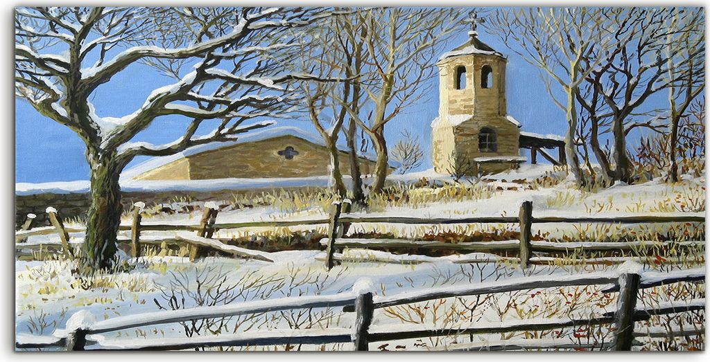Coloray Acrylbild 100x50 Wandbild Acrylbilder Foto Landschaft alte Kirche Berg Schnee