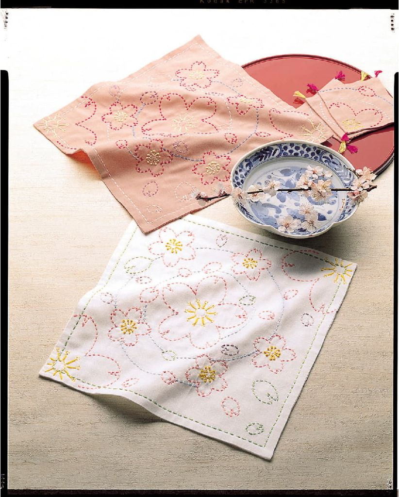 Olympus Sashiko Stickpackung "Hana Fukin Kirschblüte und Flussufer, 2er-Set", Stoff bedruckt, 31x31cm, Original aus Japan