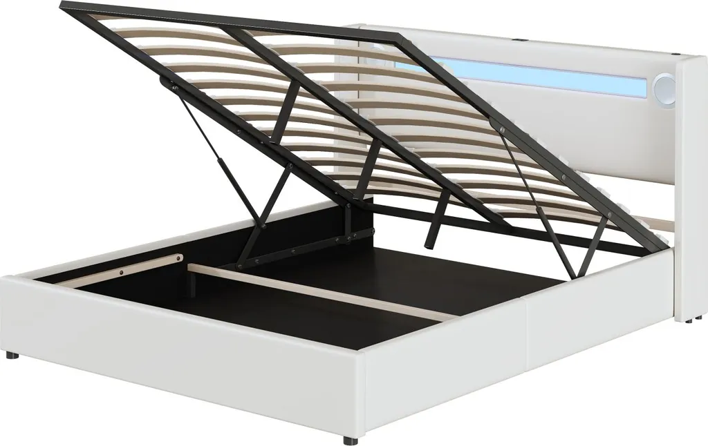Lit coffre blanc 160x200cm : solution de rangement et tête de lit connectée