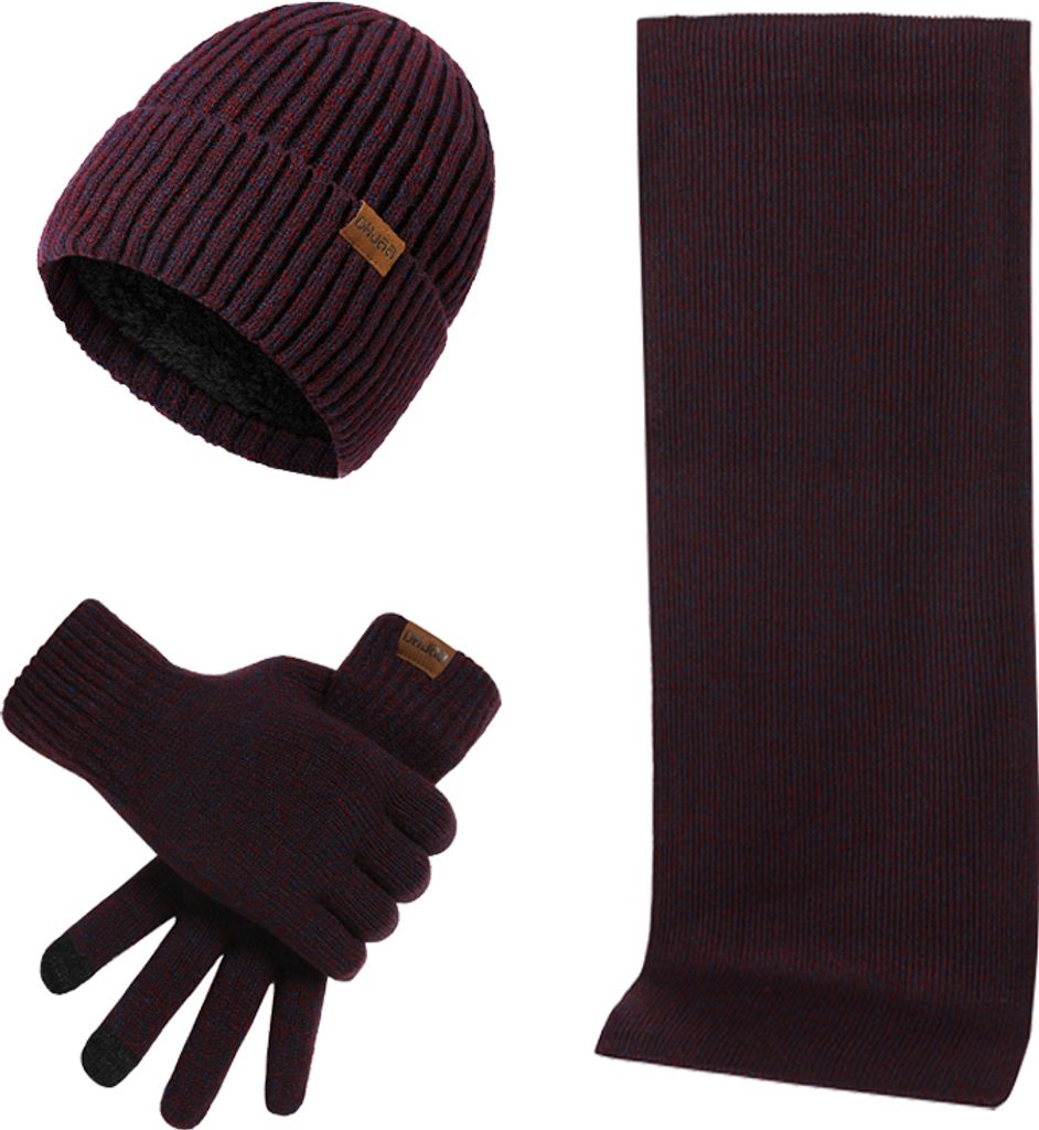 3-Teilige Winter-Mütze, wärmerer Schal, Touchscreen-Handschuhe für Männer&Frauen,Weinrot