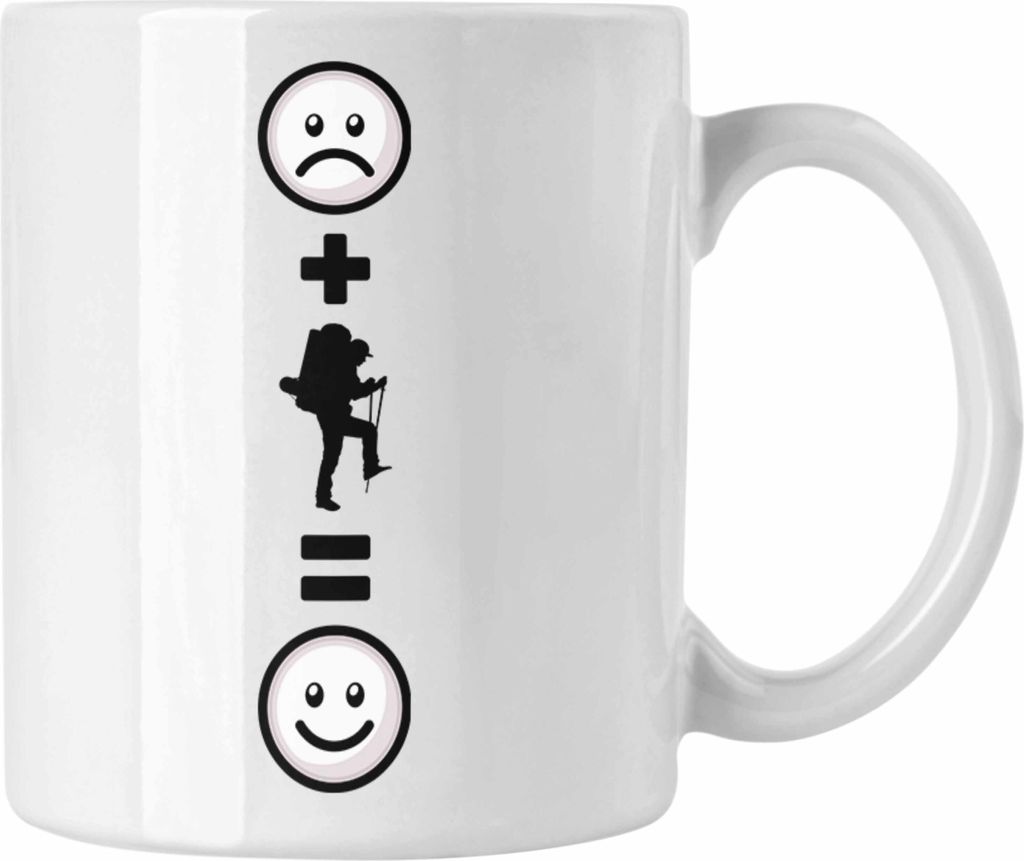 Trendation - Wandern Tasse Geschenk für Wanderer Berge :( + Wandern = :) Lustige Geschenkidee Geburtstag (Weiß)