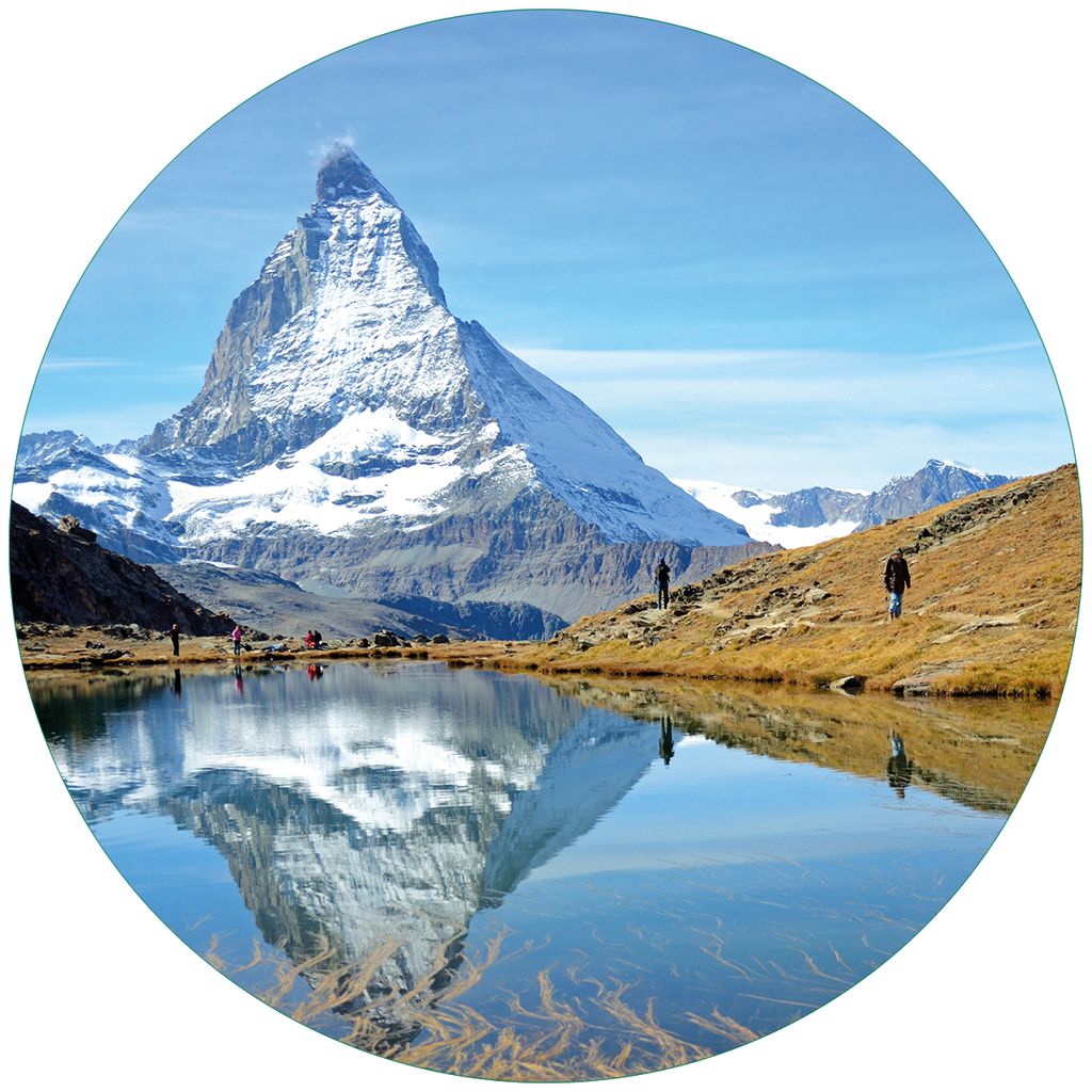Wallario Premium Glasbild, freischwebende Optik, kräftige Farben, rund 50cm Durchmesser, Motiv Matterhorn - Spiegelung im See