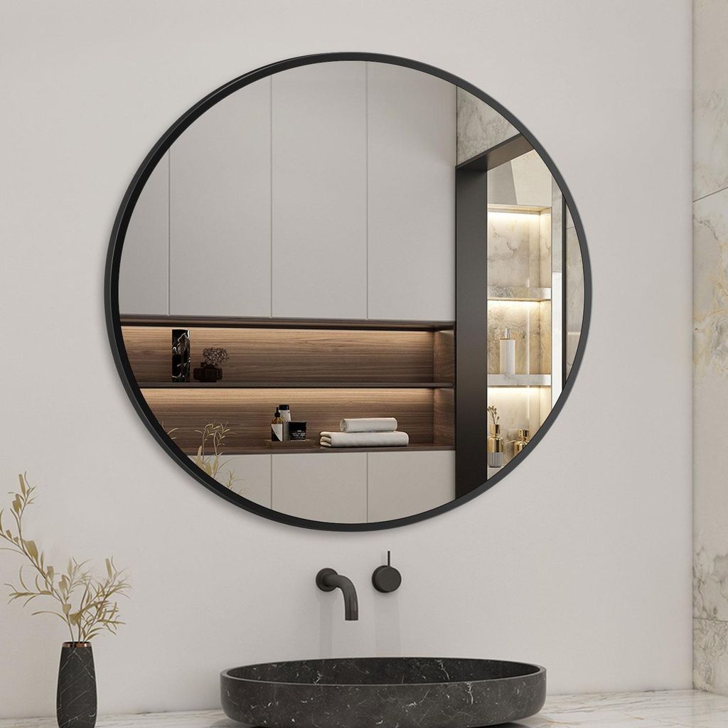 Spiegel Rund 40 cm Schwarz mit Aluminiumrahmen Wandspiegel klein HD Glas für Badezimmer, Flur, Wohnzimmer, Gäste WC, Ankleidezimmer Schminkspiegel