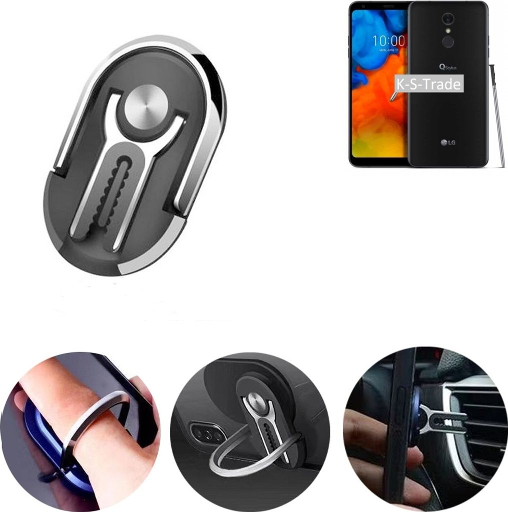 K-S-Trade 3in1 Smartphone-Ring Handy-Ring kompatibel mit LG Electronics Q Stylus Fingerhalterung Handyring Tischständer Lüftungsgitter-Halterung