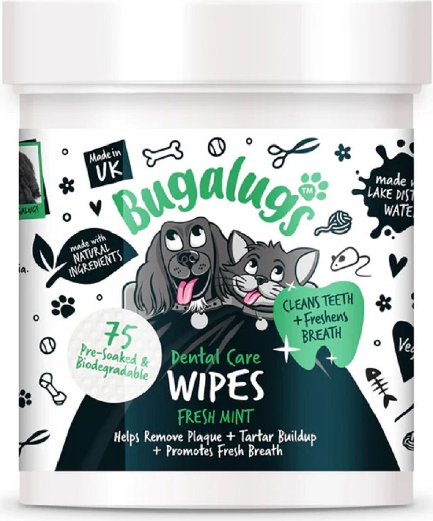 Bugalugs Dental Care Wipes – Frische Minze, 75 biologisch abbaubare Reinigungstücher für Hunde & Katzen