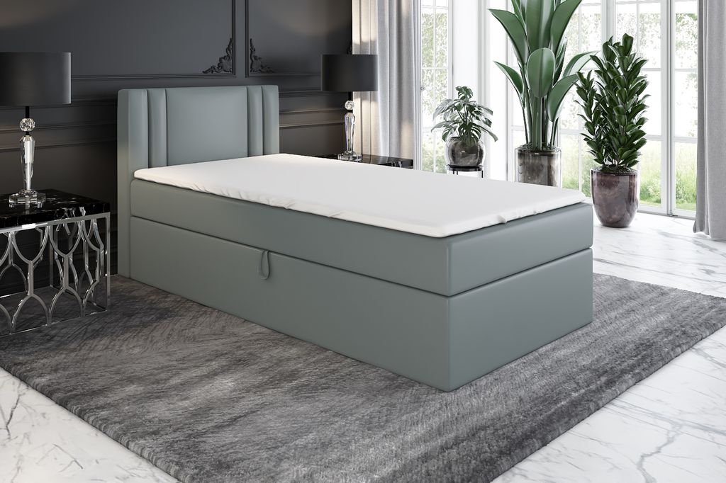 Boxspringbett, Jugendbett GAMAL 90x200 (Links) mit Bettkästen, Bonell-Matratze und Topper. Farbe: Grau