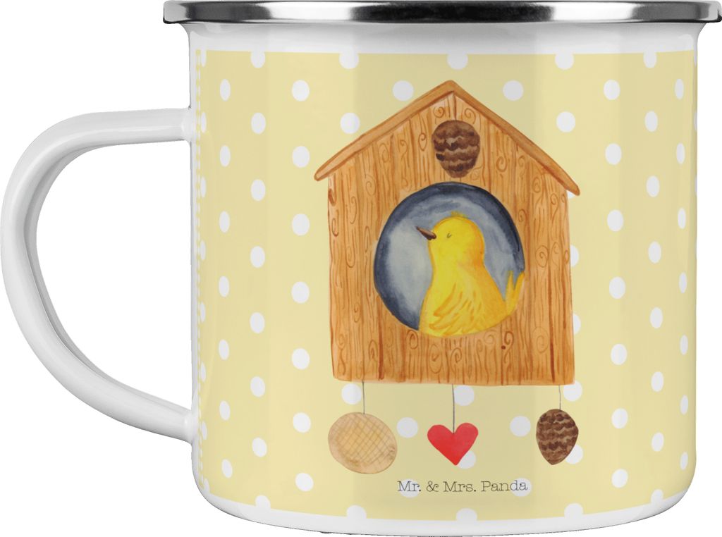 Mr. & Mrs. Panda Emaille Tasse Vogelhaus Home - Gelb Pastell - Geschenk, Haferl, Kaffeepott, Umzug, Lustige Sprüche, Blechtasse, Vogel, Pott, Swee...