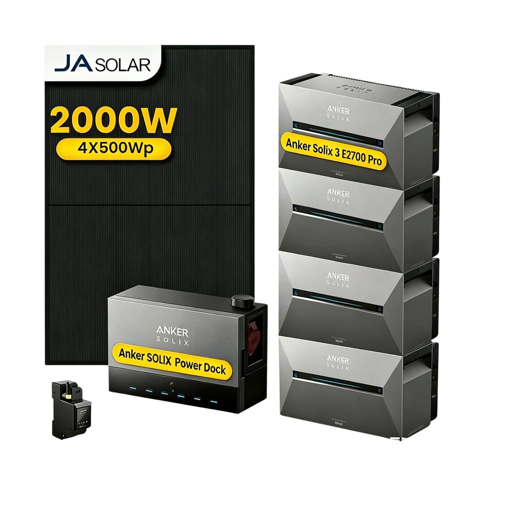 Powerness Balkonkraftwerk mit Speicher,Anker Multisystem SOLIX Power Dock mit 4x Anker Solarbank 3 E2700 Pro & JA Solar 2000W Modulen & Smart Meter
