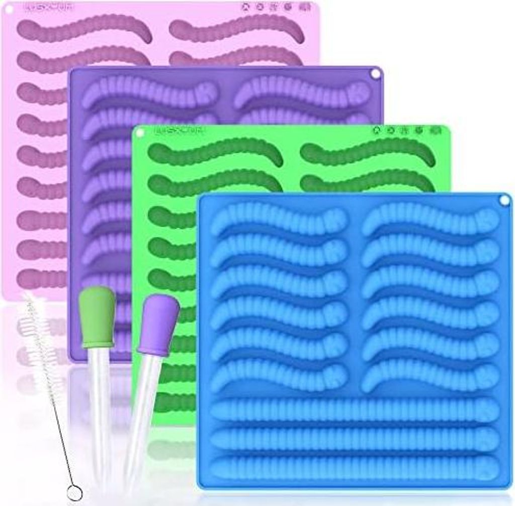 Gummiwurm Silikonform Set, 4-teilig, große Gummiwurmformen 6 ml & 14 ml, 60 Kavitäten mit 2 Pipetten & Reinigungsbürste, antihaft Süßigkeiten-...