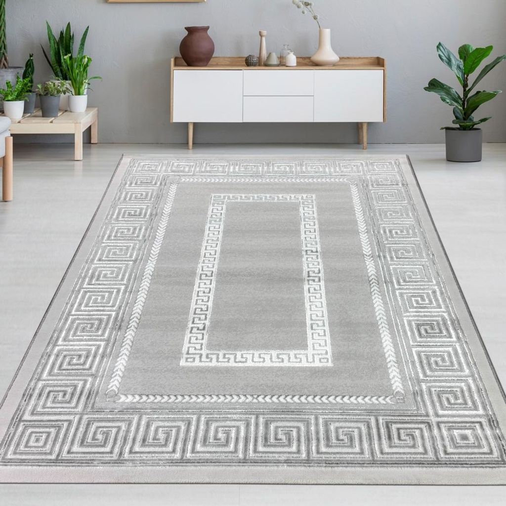 Designer Teppich Wohnzimmerteppich Mäander Muster grau schwarz Größe - 120 x 170 cm