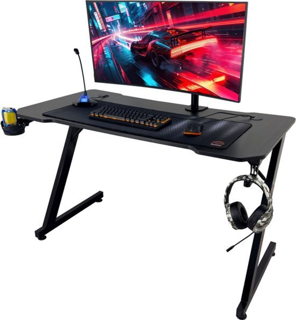 Qware Gaming – Reno – Gaming-Schreibtisch – 120 cm – Spieletisch – Gaming-Tisch – Kabelmanagement – Tischplatte mit Karbonfaser-Finis...