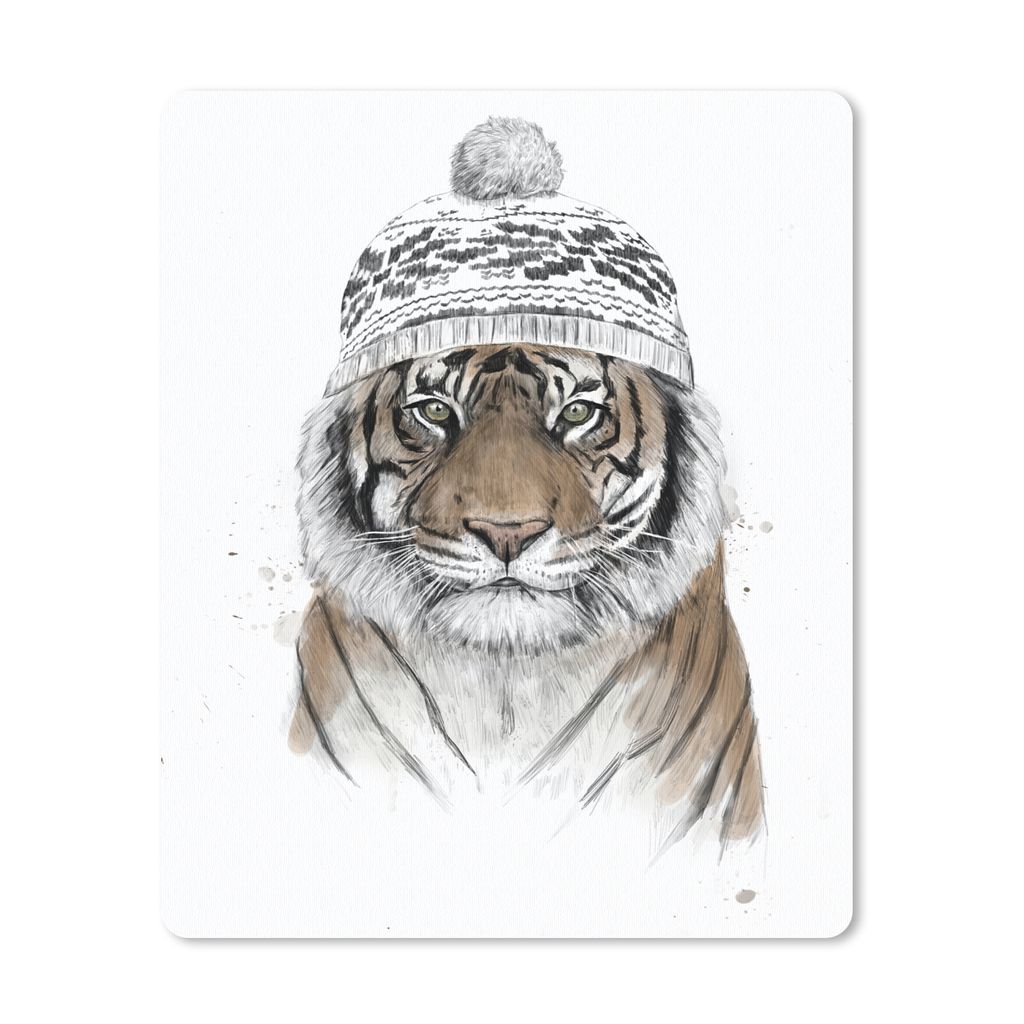 MuchoWow Mauspad Mousepad Tiger - Mütze - Winter - Weiß 19x23 cm - Mousepads - Maus Mat - Pad - Mausunterlage - Mauspads - Spielen