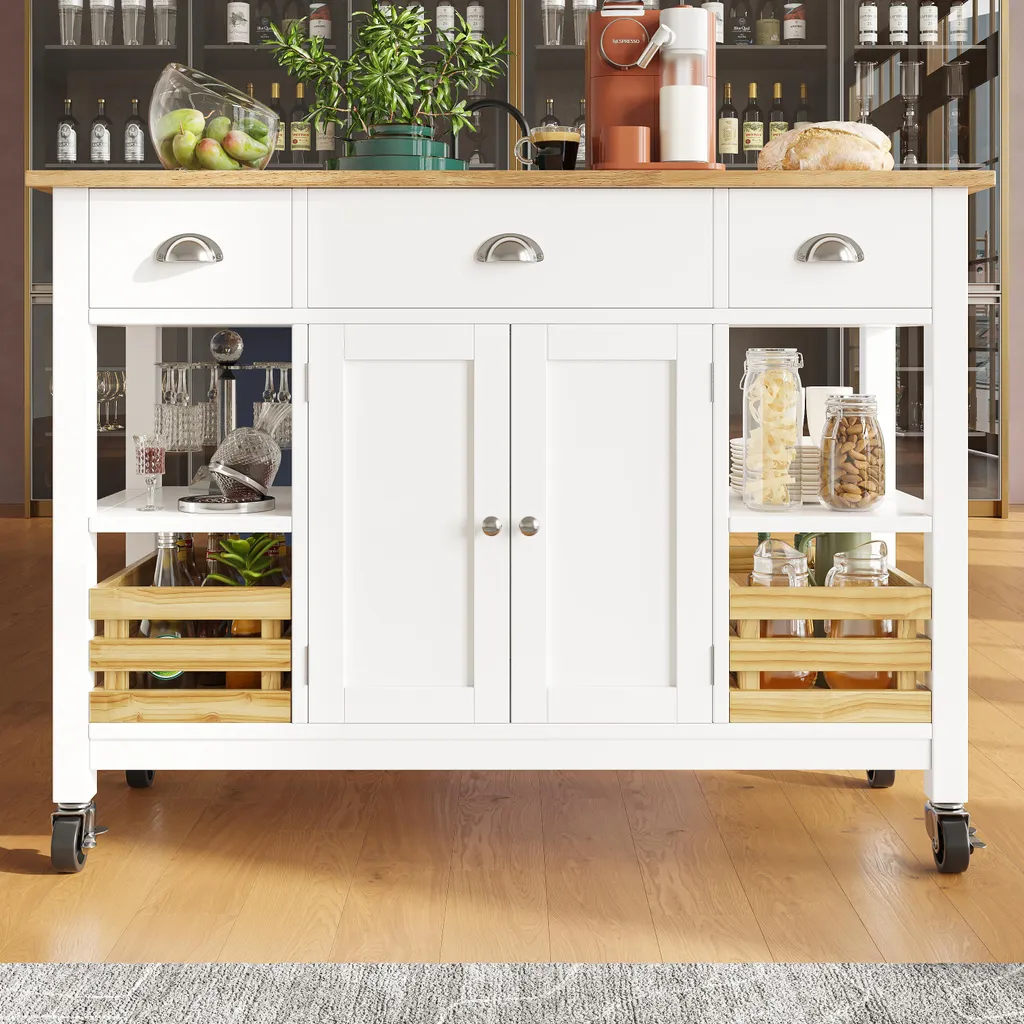 Meuble de Cuisine Mobile avec Rangement et Desserte à Plateau Pliable
