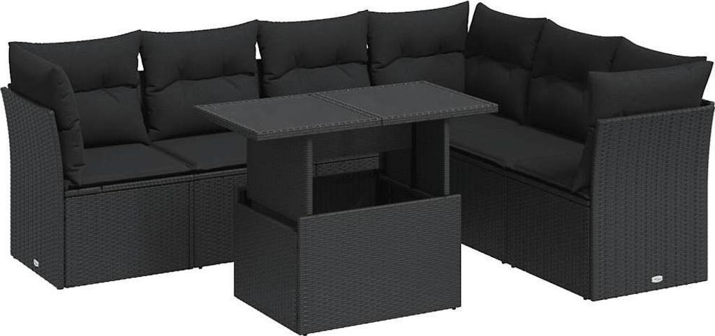 vidaXL 7-tlg. Garten-Sofagarnitur mit Kissen Schwarz Poly Rattan