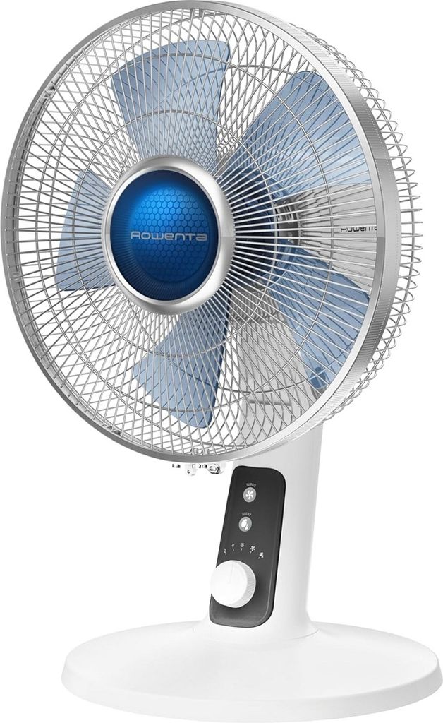 A white Rowenta table fan with blue blades and a silver grille, shown on a white background.
