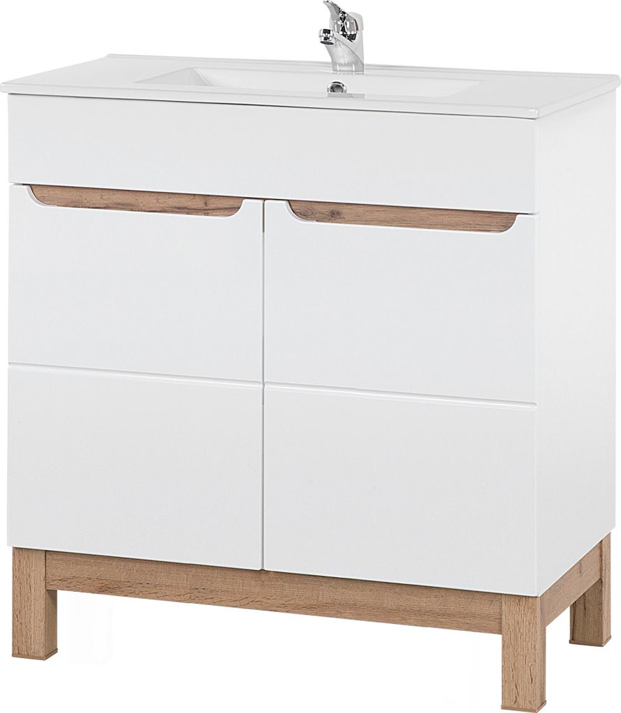 Badezimmerschrank 80 Cm, Weiß Glänzend, Mit Waschbecken Und Siphon