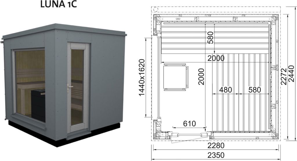 Infraworld Luna 1 Außensauna mit HPL-Platten Anthrazit versch. Fenstergrößen und Inneneinrichtung Luna 1C - Panorama-Fenster (BxH): 1440 x 1620 ...