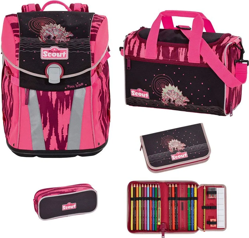 Scout Basic School Sets Set Satchel Sunny 4 pezzi Colore: Pink Dino (rosa / rosa)