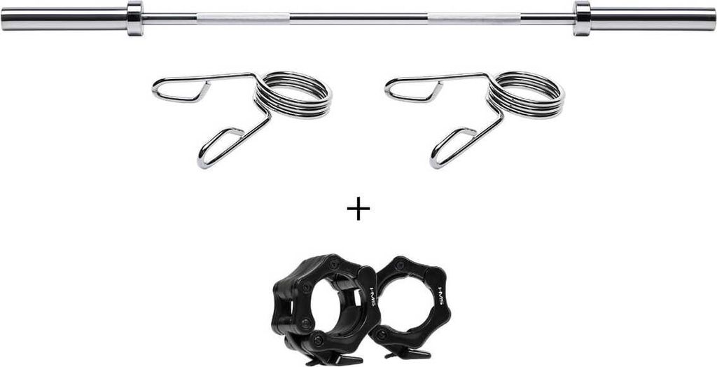 A barbell with two sets of weight collars on a white background.