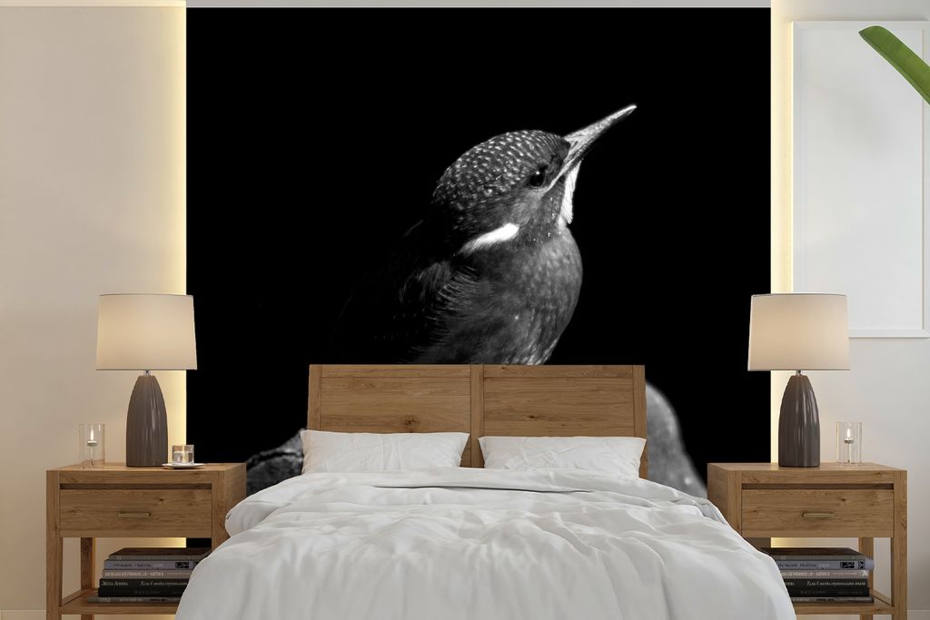MuchoWow Fototapete für Wohnzimmer oder Schlafzimmer Wandtapete Vinyl Motivtapete Eisvogel - Federn - Vogel - Schwarz und weiß - 220x220 cm - T...