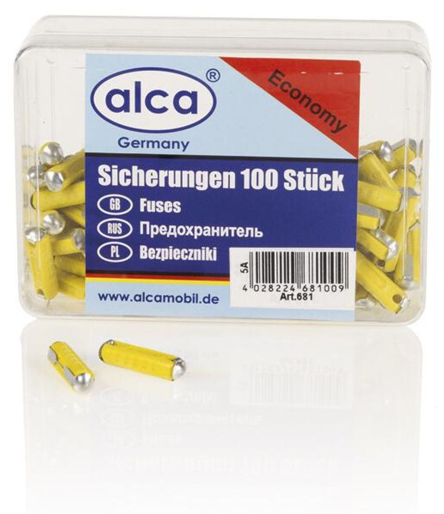 alca® Torpedosicherungen 5 A gelb, 100 Stück, DIN 72581-1, Produktbild 