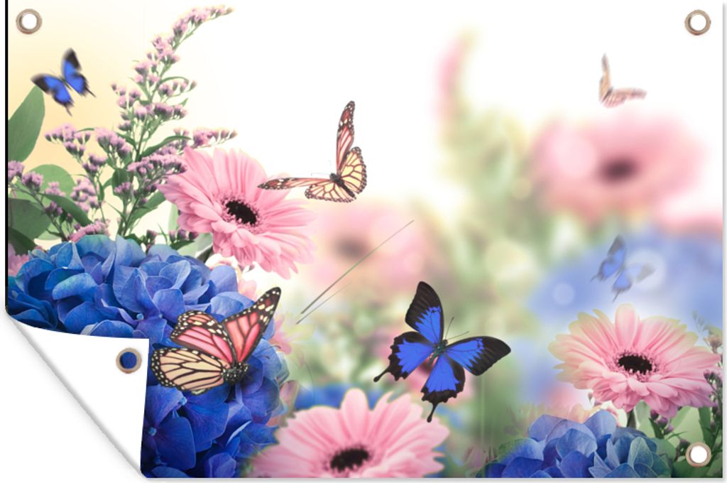 MuchoWow 90x60 cm Outdoor-Poster Gartendeko Sichtschutz Garten Poster für den Garten Schmetterlinge - Blumen - Hortensien - Insekten