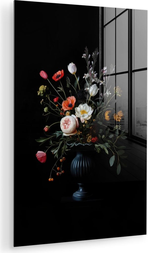 MuchoWow Glasbilder - Bilder auf Wandbild - Foto auf Glas Blumenarrangement - Vase - Schwarz 40x60 cm Wanddekoration aus Glas - Acrylglasbild - Acr...