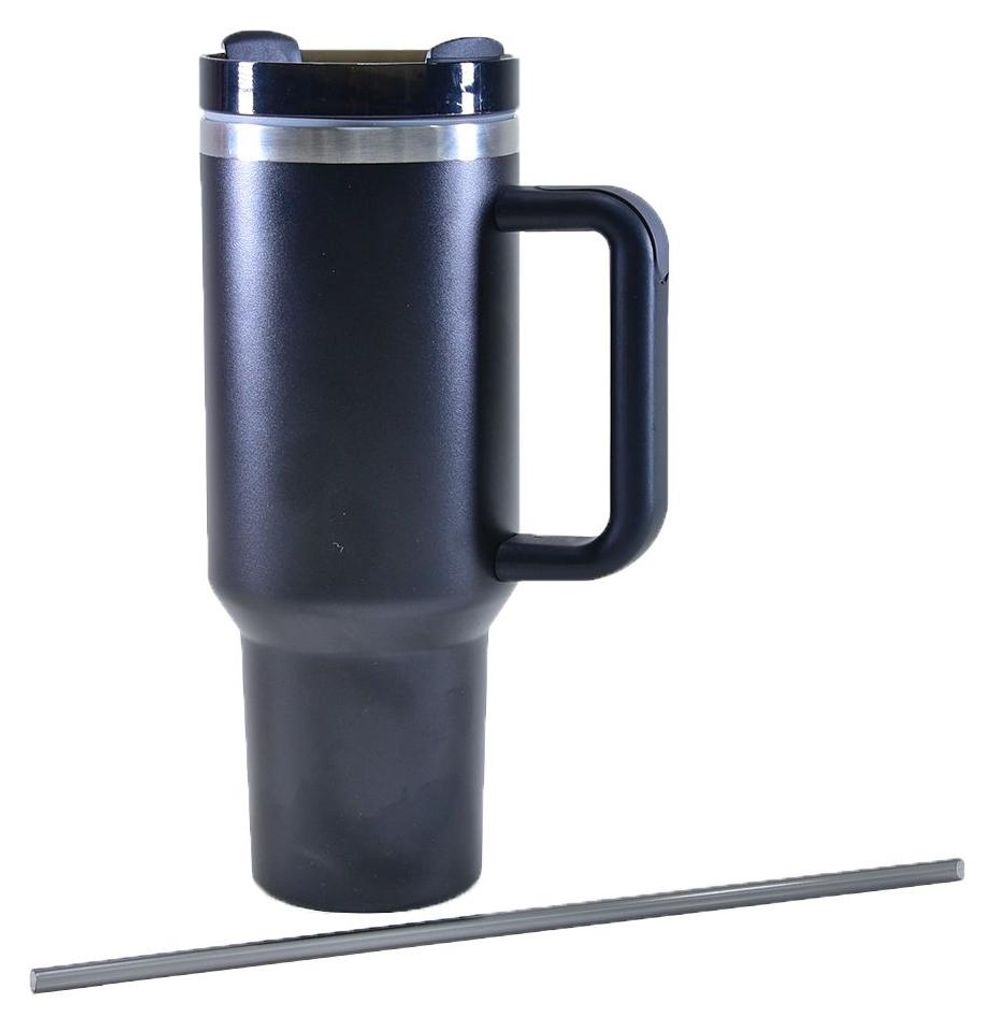 Thermo Henkelbecher aus Edelstahl mit Strohhalm schwarz 1200ml