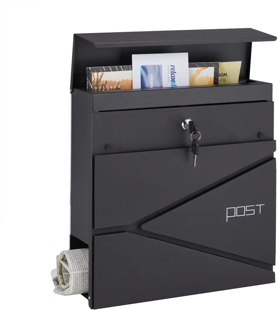 Boîte aux lettres murale noire avec porte-journal intégrée style moderne