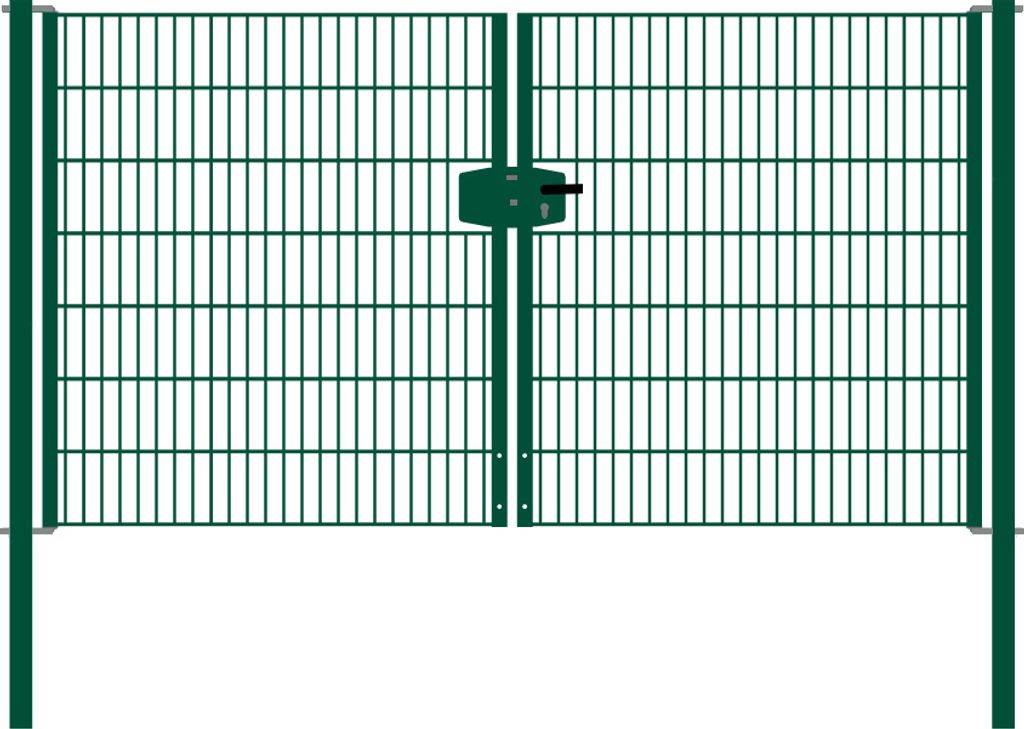 Drahtgittertor 2-flügelig, Durchgangslichte: 264 cm, Gesamtbreite inkl. Pfosten: 276 cm - Ausführung: grün beschichtet, Höhe: 143 cm