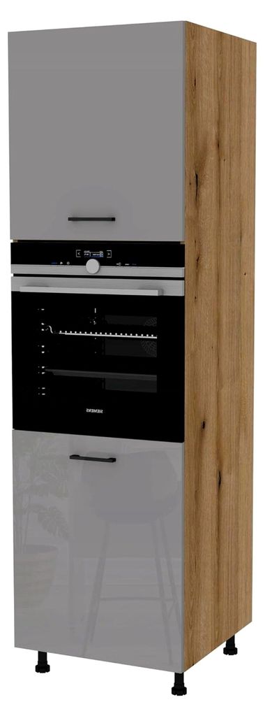 Küchenhochschrank Capri 60x58x207 cm - Korpus in Eiche Evoke - Hochglanz Acrylfront in Grau - Einbauschrank für Backofen mit 2 Türen und Soft-Close