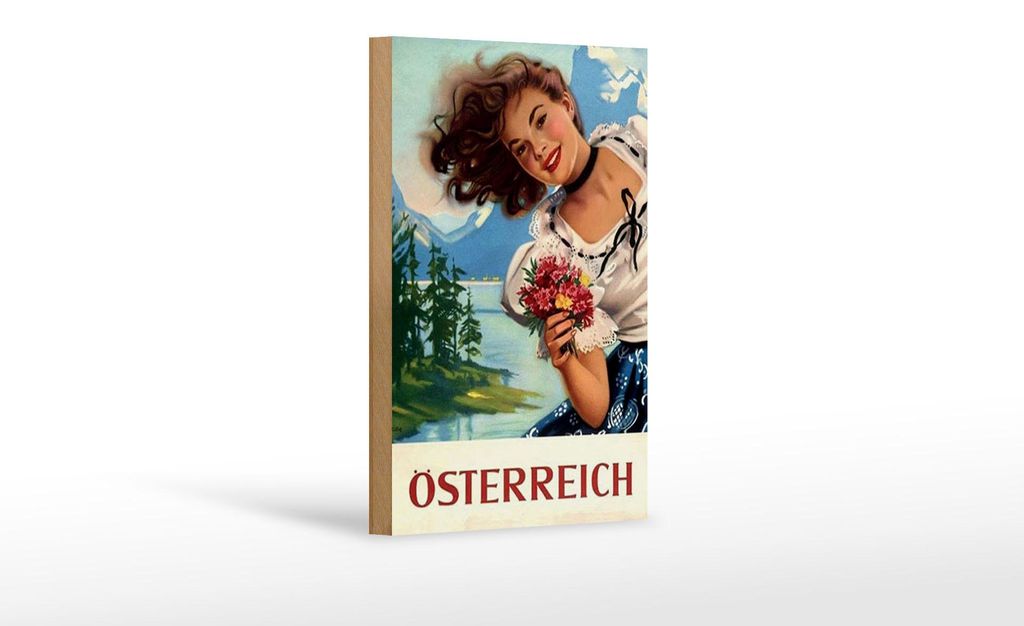 Holzschild Pin Up 12x18cm Österreich alpen Urlaub Frau