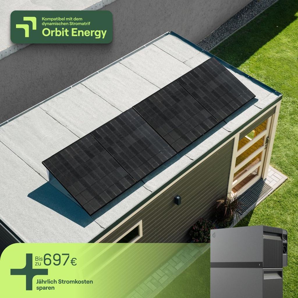 Balkonkraftwerk für Flachdach mit 2 Modulen & Speicher Avocado Orbit M (4,22 kWh) - 5m Anschlusskabel - priFlat Duo