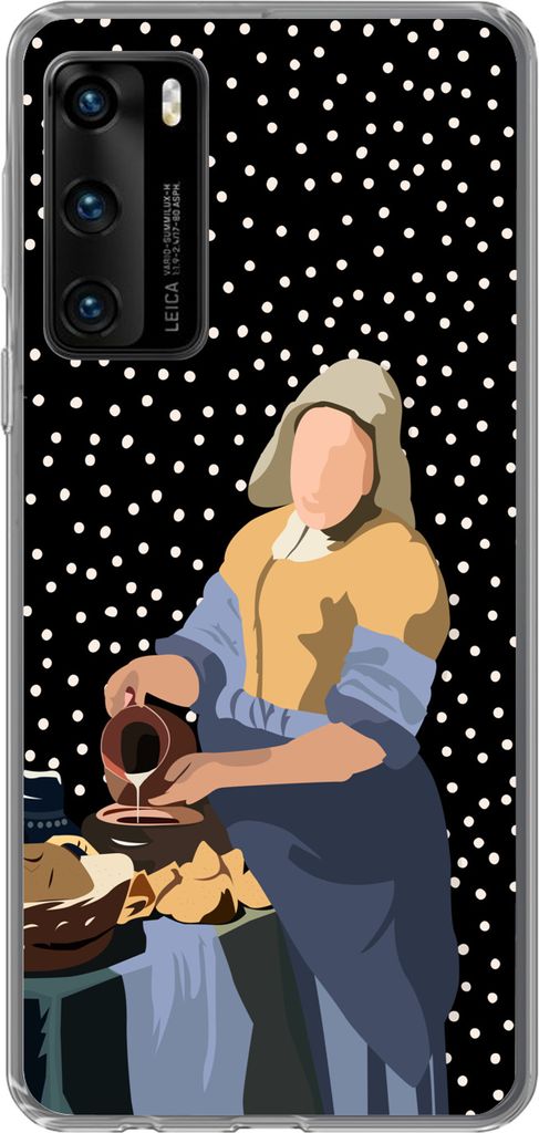 MuchoWow Handyhülle Schutzhülle Hülle für Telefoonhoesje Huawei P40 Alte Meister - Milchmädchen - Polka dots - Schwarz Silikon Softcase Hand...