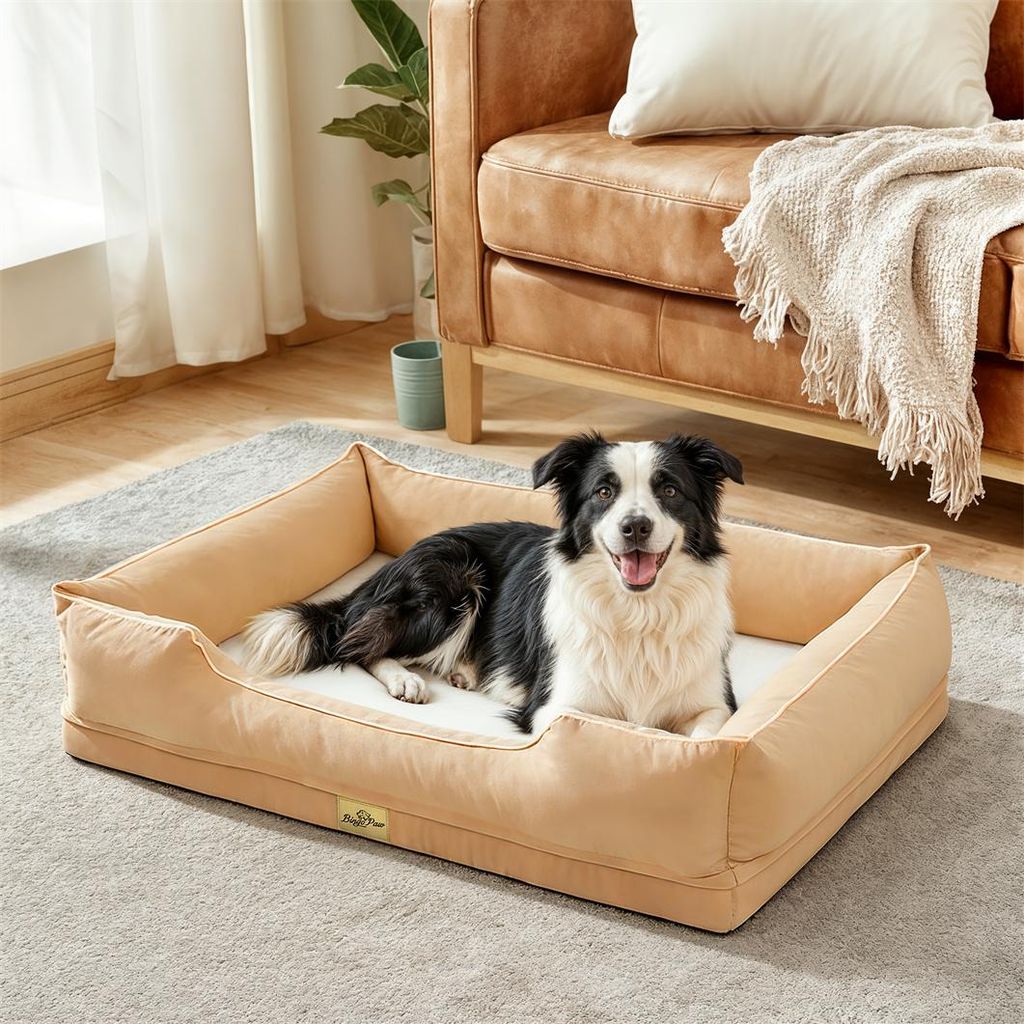 WISFOR Hundebett Hundesofa Hundekissen, erhöhte Ränder, wasserfest waschbar Bezug abnehmbar XL: 105x75,5x21 cm, Beige