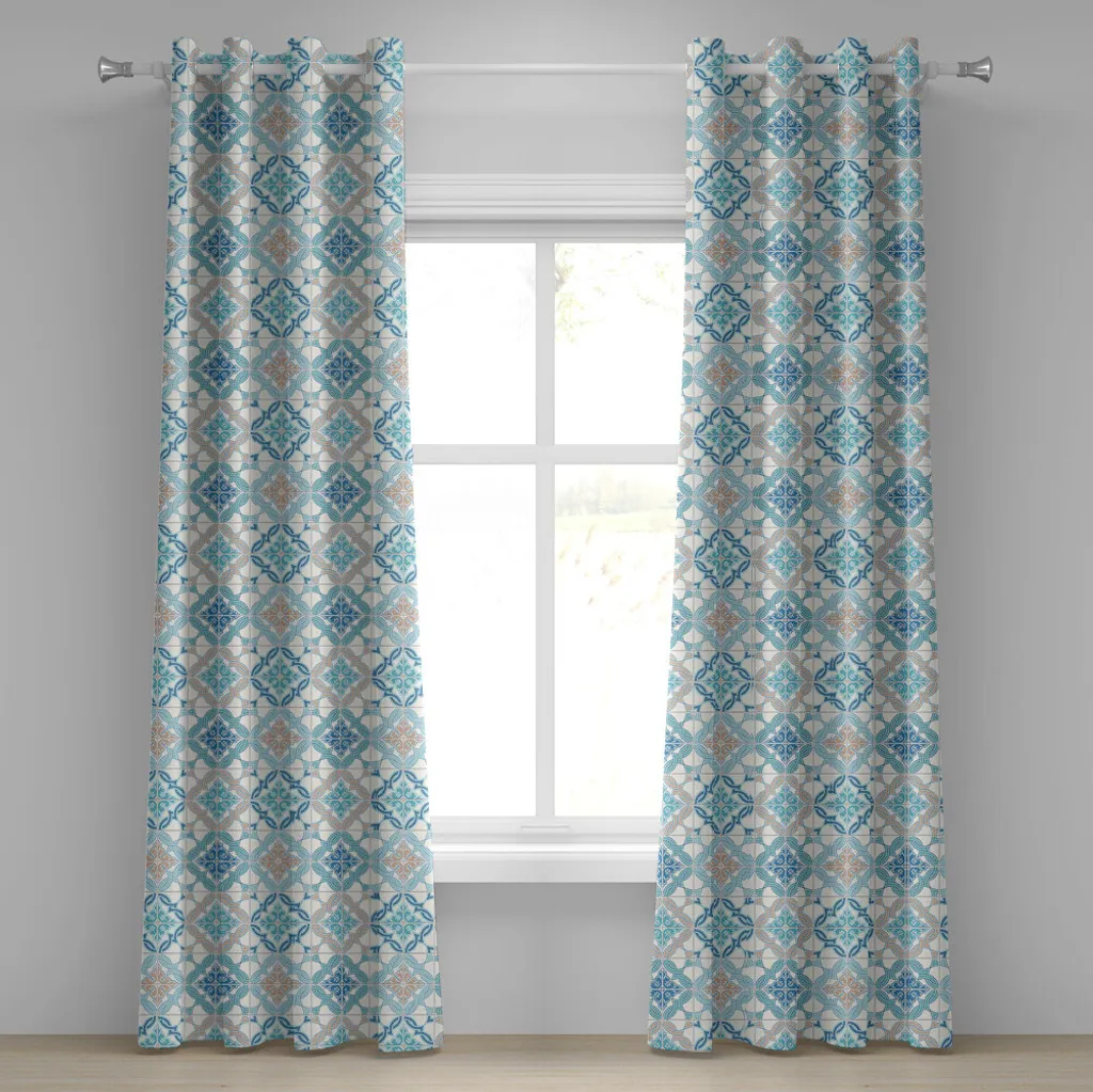 Rideau Quatrefoil bleu et blanc 280x245 cm motif oriental à œillets inox