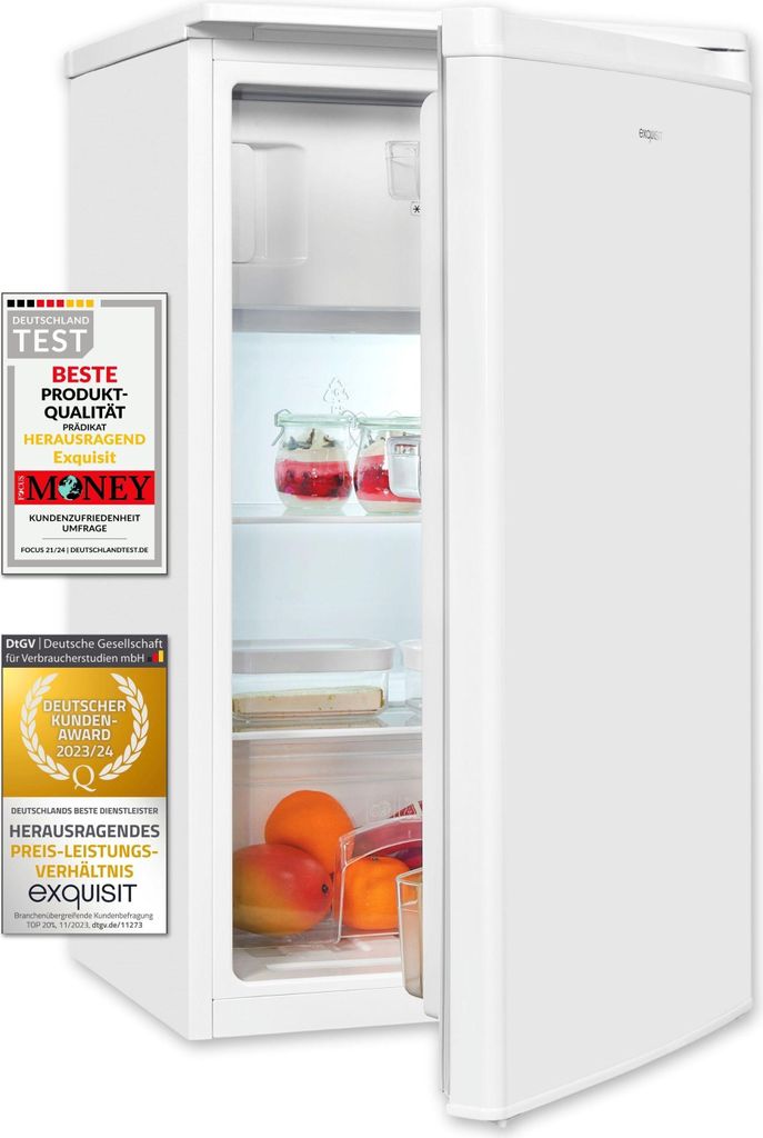 A white refrigerator with its door open, showing some food items inside and several award stickers on the left side.