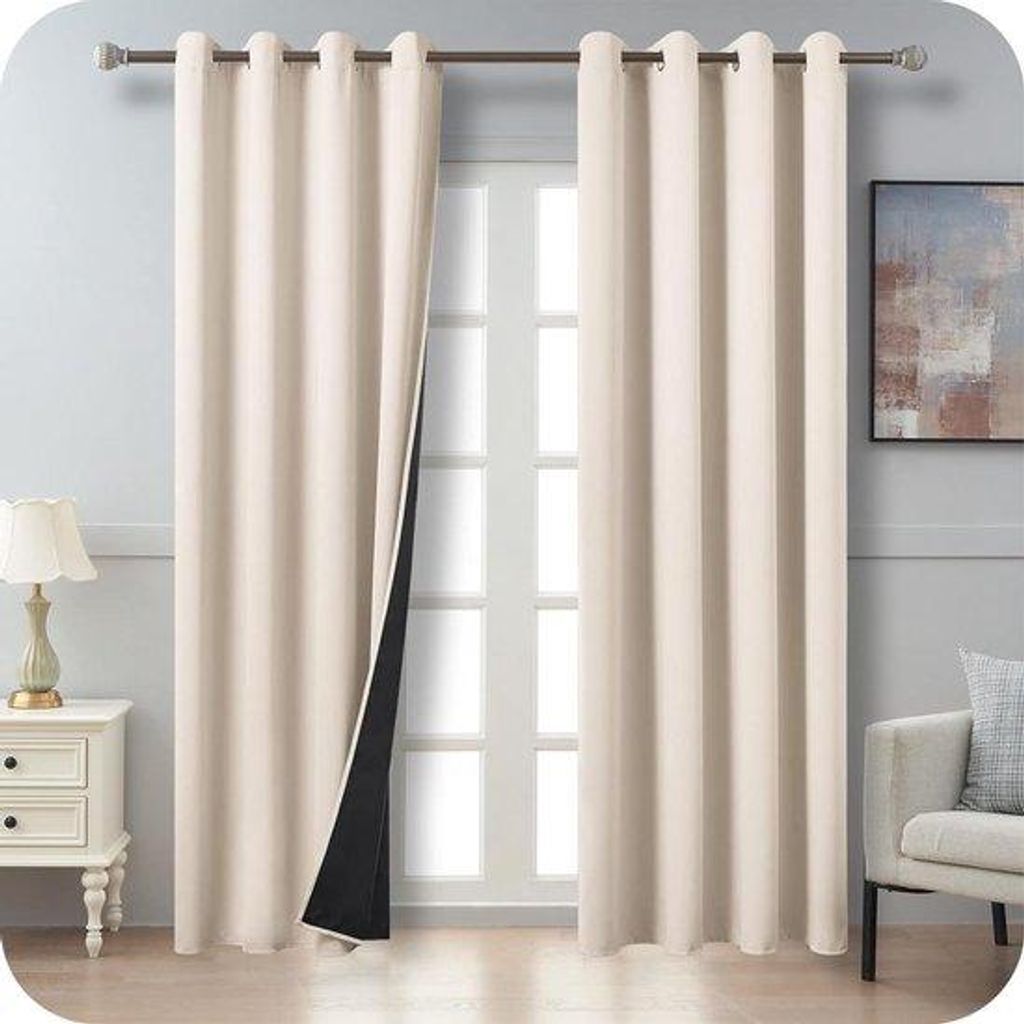 Thermische Woonkamer-Gordijnen - Set van 2 - 225 cm lang - 140 cm breed - Beige - Inslagringen - Verduisterend - Modern.