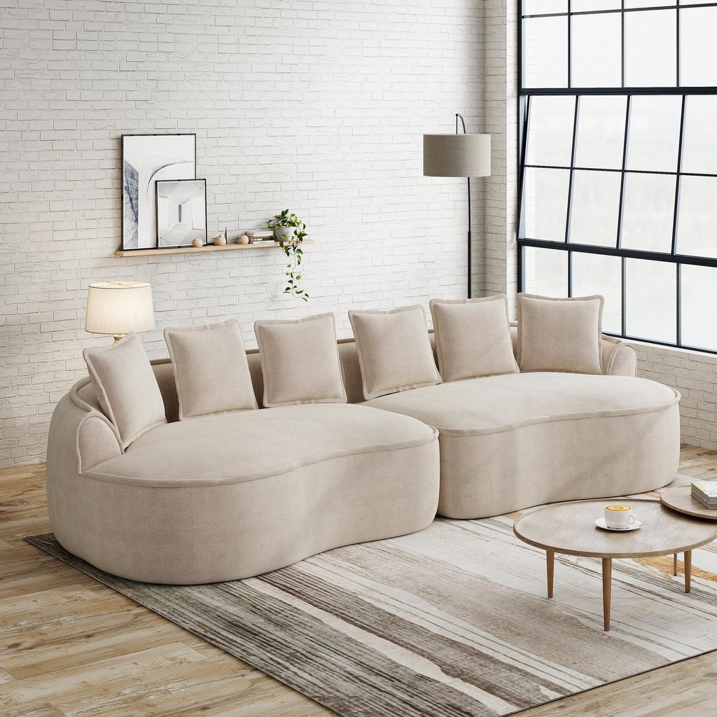 Modulares 4-Sitzer Sofa Chenille Couch rahmenlose Wohnlandschaft 32D Schaumstoff extra tiefe Sitzfläche Chaiselongue inklusive Kissen Hellbraun