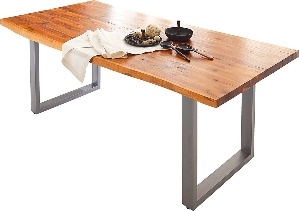 Esstisch Ikarus 120 x 80 cm, Akazienholz massiv, cognacfarben, Baumkantentisch mit Metallgestell in Silber, Esszimmertisch mit Baumkantenplatte 35 ...