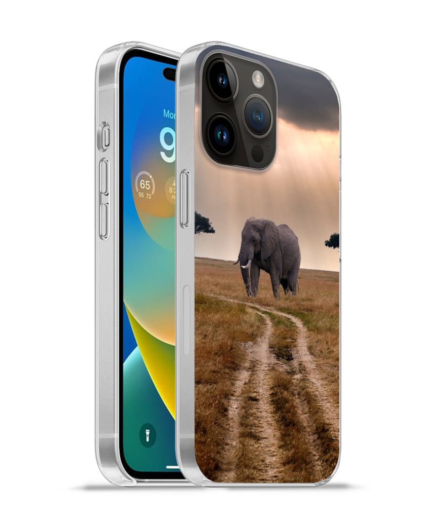 MuchoWow Handyhülle Schutzhülle Hülle für Apple iPhone 14 Pro Max Elefant - Tiere - Wiese - Sonne Silikon Softcase Handy Hülle - Hardcover