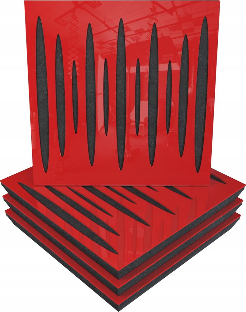 4 Stück AKUSTIK-WANDPANEELE mit Montageset | "PULSAR" 50x50x5cm | Absorption und Diffusion | Farbe: Rot glänzender Kunststoff