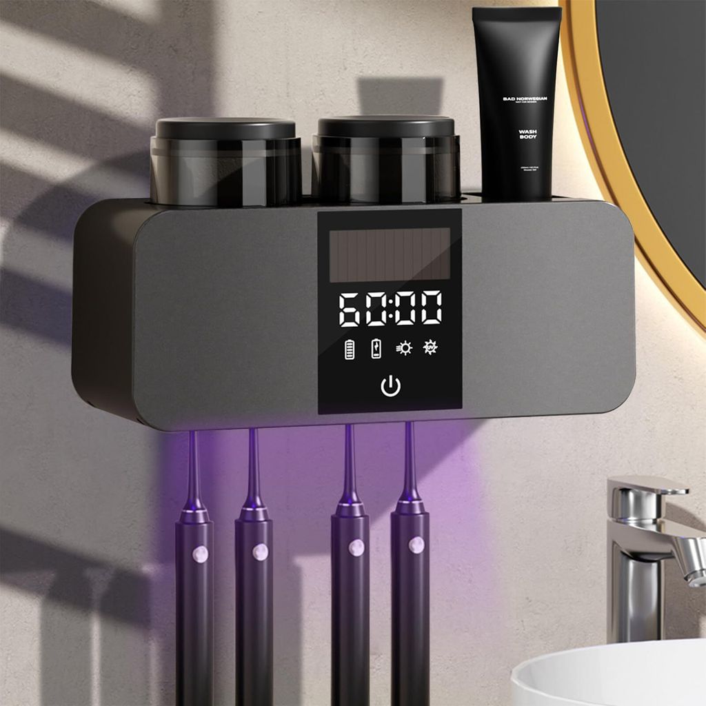 Zahnbürstenhalter UV Sterilisator mit 4 Elektrische Zahnbürstenschlitzen & 2 Zahnputzbecher, Wandmontierter Organizer (Zahnpasta) für Kinder E...