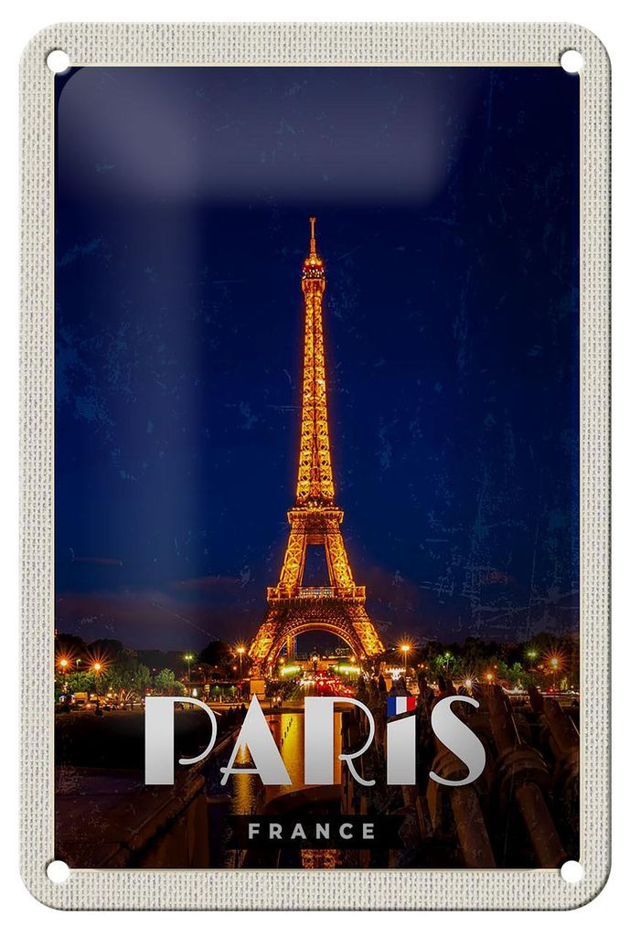 Blechschild Reise 12x18cm Paris France Eiffelturm Nacht Lichter Schild