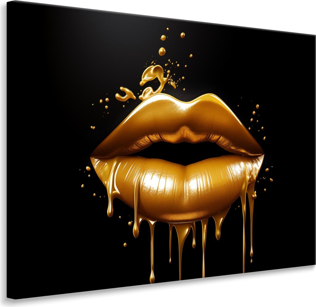 Muralo Canvas Leinwandbild Goldene LIPPEN Mund auf schwarzem Hintergrund Abstraktion 3D 120 cm x 80 cm