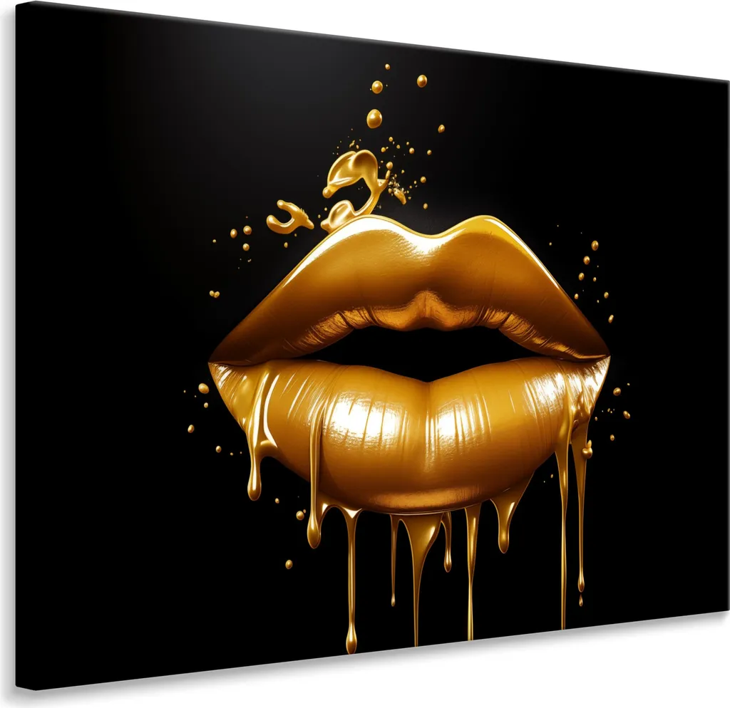 Murale Labbra Oro su Nero 100x70 Muralo | Tela Canvas Glamour 3D