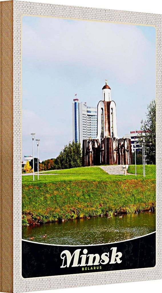 Holzschild Reise 20x30cm Minsk Belarus Fluss Skulptur Urlaub